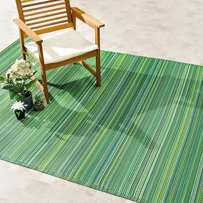 Fab Habitat Outdoor Rug - Waterproof, Fade Resistant, Crease-Free - Premium Recycled Plastic - Striped - Large Patio, Deck, Sunroom, Camping, RV - Cancun - Green - 6 x 9 ft