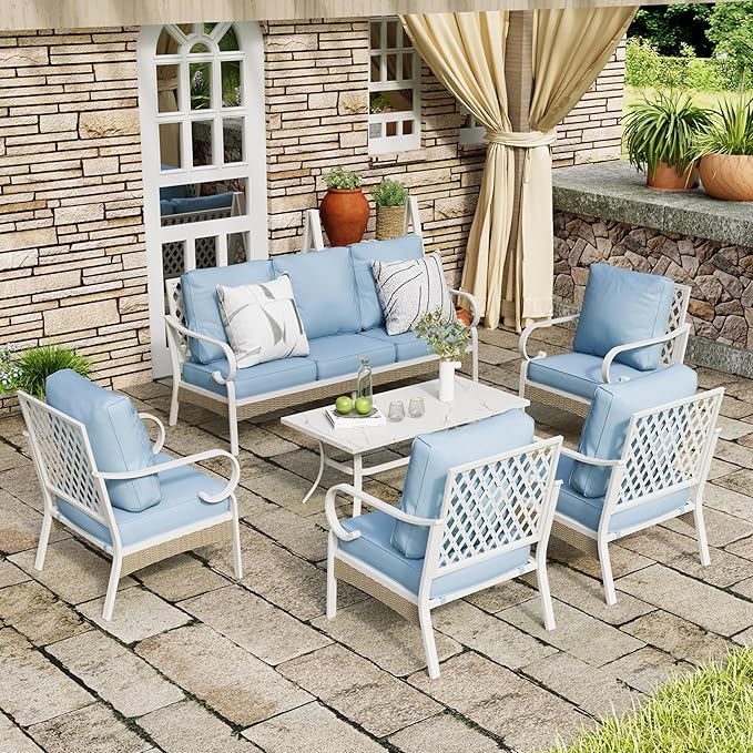 6 Piece Patio Furniture Set, 4 x Fixed Chair, 1 x 3-Seat Sofa with Marbling Coffee Table, All Cushioned 7 Seats Outdoor Conversation Set for Lawn Garden Backyard, Blue