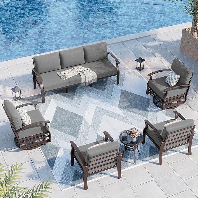 Kurapika Aluminum Patio Furniture Set 7-Seat Modern Metal Outdoor Conversation Sets w/Swivel Rocking Chairs Patio Sectional Sofa w/5.1 Inch Cushion, Grey