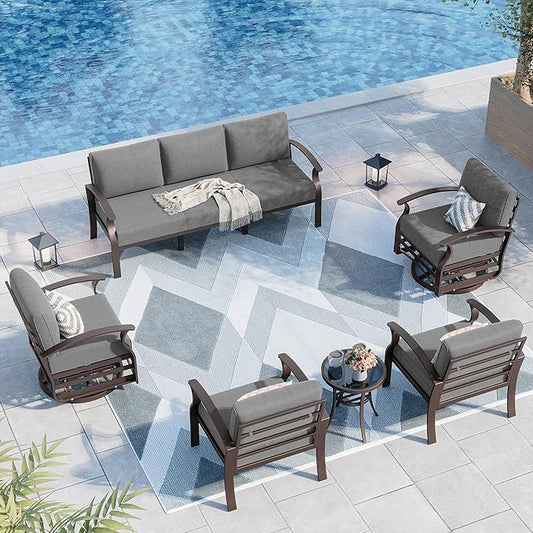 Kurapika Aluminum Patio Furniture Set 7-Seat Modern Metal Outdoor Conversation Sets w/Swivel Rocking Chairs Patio Sectional Sofa w/5.1 Inch Cushion, Grey