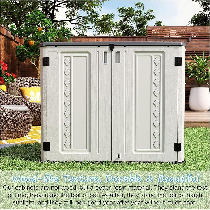 Horizontal Outdoor Storage Shed, 34 Cu.ft Outdoor Storage Cabinet Waterproof for Garden/Backyard/Home/Pool, Lockable (Off White)
