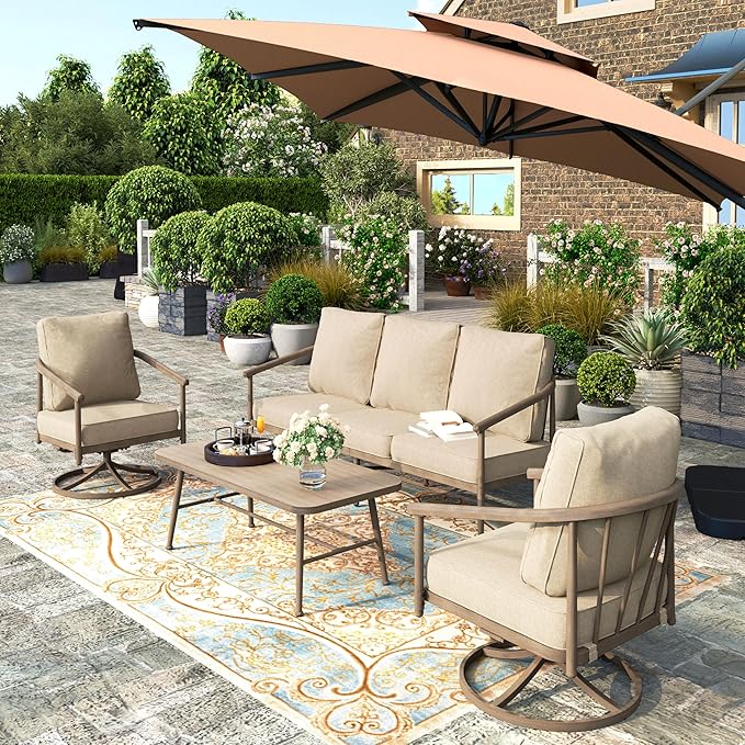 HERA'S HOUSE Patio Furniture Set, 2 x Cushioned Swivel Chair, 3-Seat Sofa with Wood Grain Coffee Table, 5 Seats Windsor Style All Weahter Outdoor Sofa Conversation Set for Deck Lawn Backyard