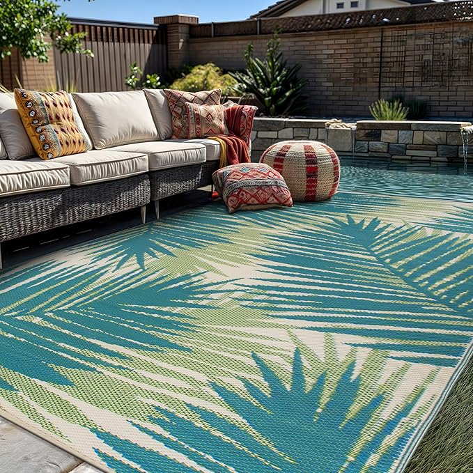 Rugshop Tropical Floral Reversible Crease-Free Waterproof Premium Recycled Plastic Outdoor Rugs for Patio,Backyard,RV,Deck,Picnic,Trailer,Beach,Camping Green 7'10" x 10'