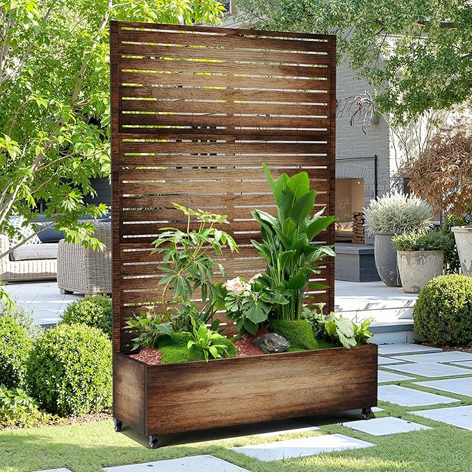 15.7"×70.9"×47.2" Metal Raised Garden Bed with Trellis and Wheels - Tall Trellis Planter Box for Climbing Plants, Vegetables & Vines - Outdoor Privacy Planters for Patio (Vintage Wood Grain)