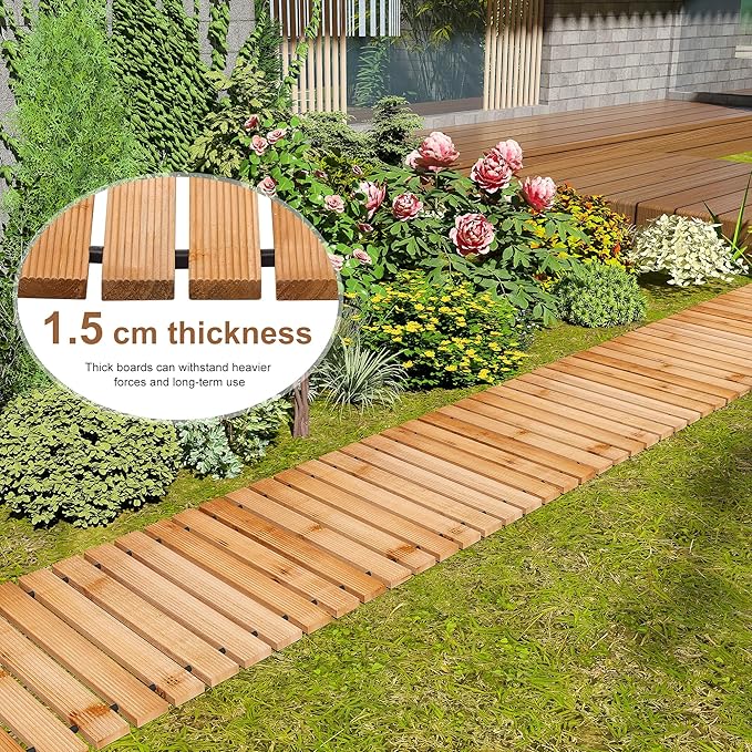 FILWH Wooden Garden Pathway Outdoor Roll-Out Walkway Weather-Resistant Fir Wood Curved or Straight Boardwalk Decorative Garden for Backyard,Beach,Wedding Party Pathways (Natural, 12FT Straight)