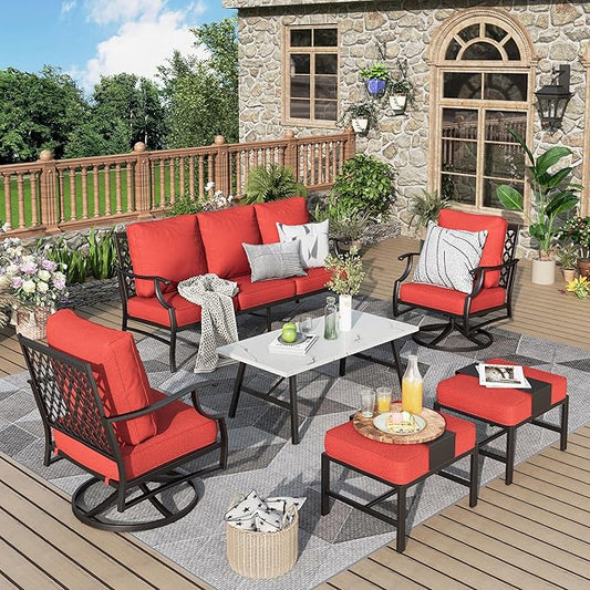 Patio Furniture Set 6 pcs, Outdoor Patio Furniture, 3-Seat Sofa, 2 Swivel Chairs, 2 Ottomans, Coffee Table and 5.75" Extra Thick Cushion, Conversation Set for Backyard Deck, Red