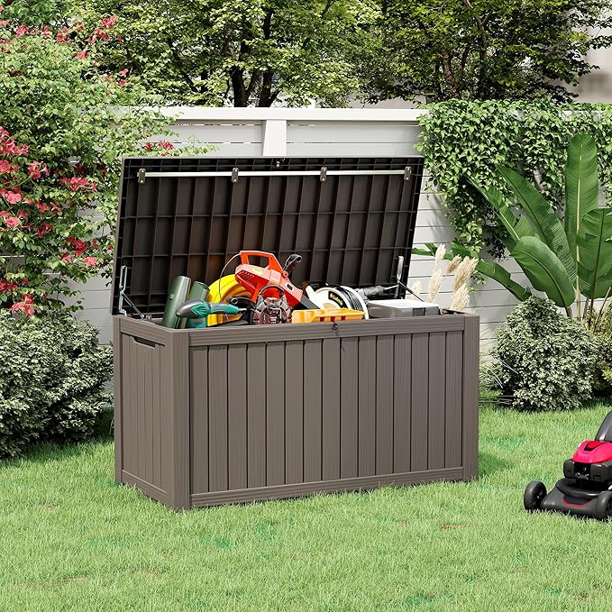 NUNU LAB 151 Gallon Outdoor Storage Box,Resin Large Sturdy Deck Box, Backyard Outside Storage Box Waterproof with Double Wall Panels,Package Delivery Garden Outdoor Hose Storage Bin,Grey