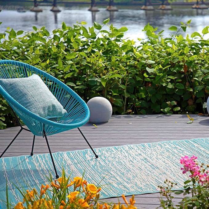 Fab Habitat Outdoor Rug - Waterproof, Fade Resistant, Crease-Free - Premium Recycled Plastic - Distressed Abstract - Porch, Deck, Balcony, Mudroom, Laundry Room, Patio - Brooklyn - Teal - 3 x 5 ft