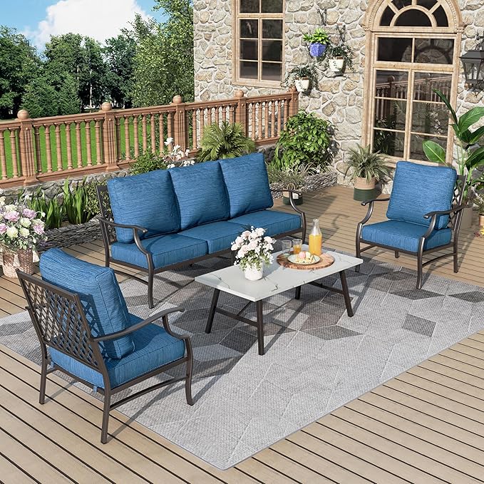 Patio Furniture Set 4 pcs, Metal Outdoor Patio Furniture, 3-Seat Sofa, 2 Single Chairs, Coffee Table and 5.75" Extra Thick Cushion, Conversation Set for Backyard Deck, Gemstone Blue