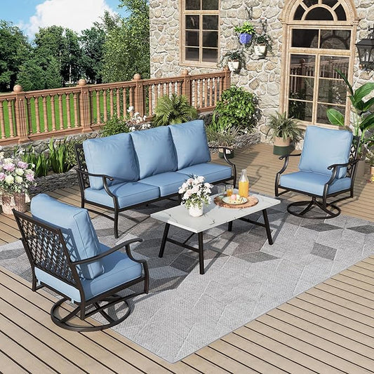 Patio Furniture Set 4 pcs, Metal Outdoor Patio Furniture, 3-Seat Sofa, 2 Swivel Chairs, Coffee Table and 5.75" Extra Thick Cushion, Patio Conversation Set for Garden Backyard Deck,Blue