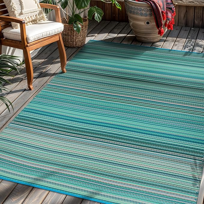Rugshop Contemporary Stripe Reversible Crease-Free Waterproof Premium Recycled Plastic Outdoor Rugs for Patio,Backyard,RV,Deck,Picnic,Trailer,Beach,Camping Blue 5' x 7'