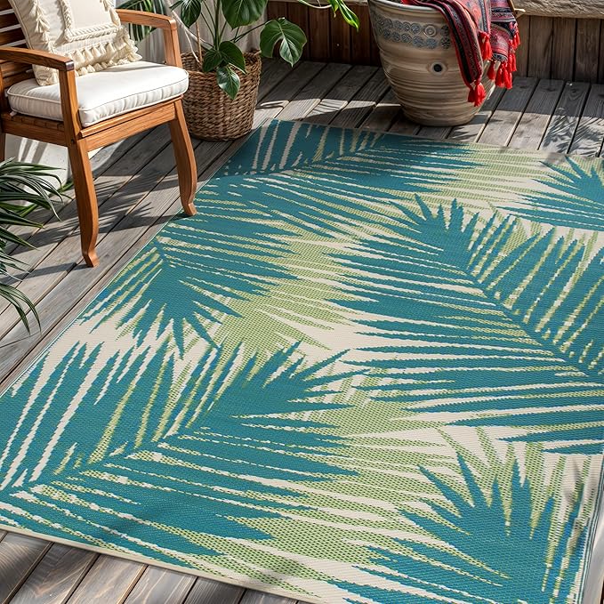 Rugshop Tropical Floral Reversible Crease-Free Waterproof Premium Recycled Plastic Outdoor Rugs for Patio,Backyard,RV,Deck,Picnic,Trailer,Beach,Camping Green 5' x 7'