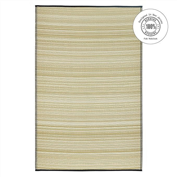 Fab Habitat Outdoor Rug - Waterproof, Fade Resistant, Crease-Free - Premium Recycled Plastic - Neutral Striped - Patio, Porch, Deck, Balcony - Cancun Shadow - Sand & Black - 5 x 8 ft