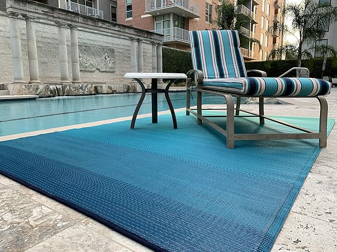 Fab Habitat Outdoor Rug - Waterproof, Fade Resistant, Crease-Free - Premium Recycled Plastic - Ombre - Patio, Porch, Deck, Balcony - Big Sur - Teal - 5 x 8 ft