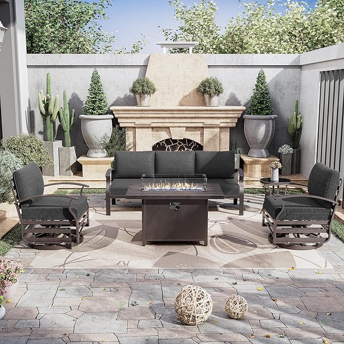 Kurapika Aluminum Patio Furniture Set 5-Seat Modern Metal Outdoor Conversation Sets w/45in Propane Fire Pit Table, Swivel Rocking Chairs Patio Sectional Sofa w/5.1 Inch Cushion, Black
