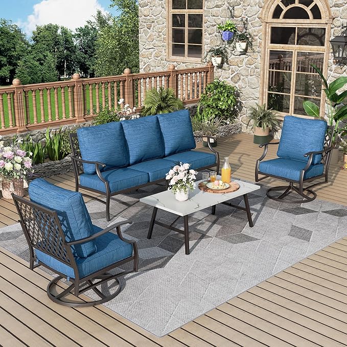 Patio Furniture Set 4 pcs, Metal Outdoor Patio Furniture, 3-Seat Sofa, 2 Swivel Chairs, Coffee Table and 5.75" Extra Thick Cushion, Conversation Set for Backyard Deck, Gemstone Blue