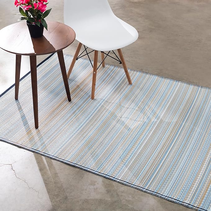 Fab Habitat Outdoor Rug - Waterproof, Fade Resistant, Crease-Free - Premium Recycled Plastic - Striped - Patio, Deck, Porch, Balcony, Laundry Room - Cancun - Shadow Blue - 4 x 6 ft