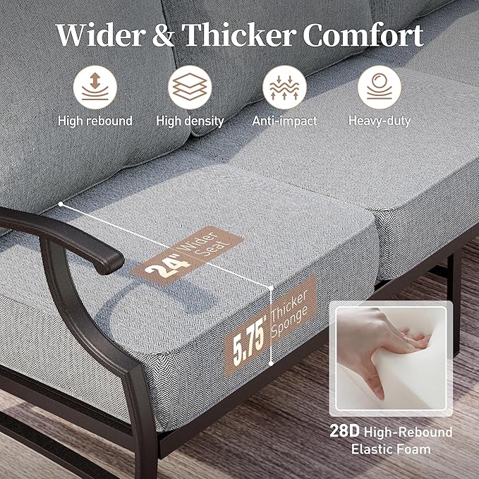 7 Piece Metal Outdoor Patio Furniture Set, Patio Conversation Sets 3-seater Sofa, 2 Rocking Chair, 2 Ottomans with 5.75" Thick Cushion, Black All-weather Frame Backyard Furniture, Gray