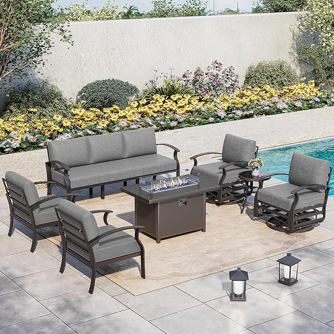 Kurapika Aluminum Patio Furniture Set 7-Seat Modern Metal Outdoor Conversation Sets w/45in Propane Fire Pit Table, Swivel Rocking Chairs Patio Sectional Sofa w/5.1 Inch Cushion, Grey