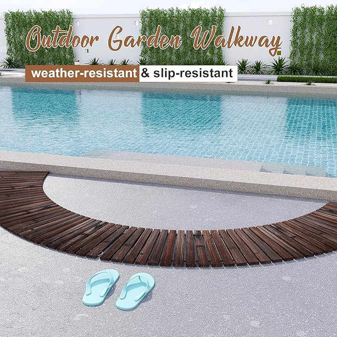 FILWH Wooden Garden Pathway Outdoor Roll-Out Walkway Weather-Resistant Fir Wood Curved or Straight Boardwalk Decorative Garden for Backyard,Beach,Wedding Party Pathways (Carbonized, 6FT Curved)