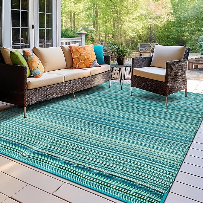 Rugshop Contemporary Stripe Reversible Foldable Waterproof Premium Recycled Plastic Outdoor Rugs for Patio,Backyard,RV,Deck,Picnic,Trailer,Beach,Camping 9' X 12' Blue