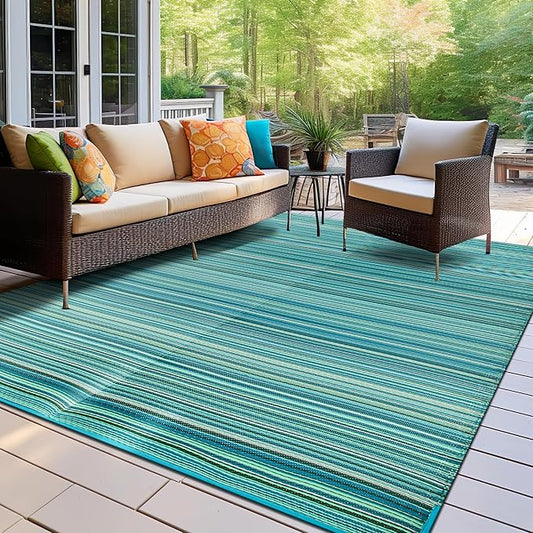 Rugshop Contemporary Stripe Reversible Foldable Waterproof Premium Recycled Plastic Outdoor Rugs for Patio,Backyard,RV,Deck,Picnic,Trailer,Beach,Camping 9' X 18' Blue
