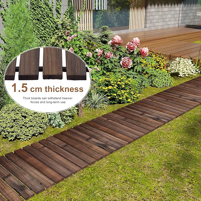 FILWH Wooden Garden Pathway Outdoor Roll-Out Walkway Weather-Resistant Fir Wood Curved or Straight Boardwalk Decorative Garden for Backyard,Beach,Wedding Party Pathways (Carbonized, 8FT Straight)