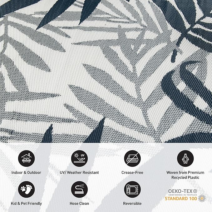 Rugshop Contemporary Floral Leaves Reversible Crease-Free Waterproof Premium Recycled Plastic Outdoor Rugs for Patio,Backyard,RV,Deck,Picnic,Trailer,Beach,Camping,Sunroom Navy 3' x 5'