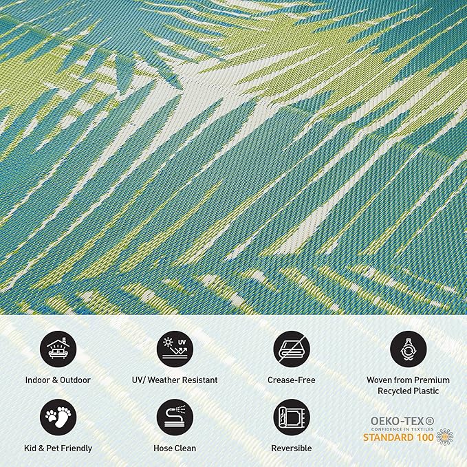 Rugshop Tropical Floral Reversible Crease-Free Waterproof Premium Recycled Plastic Outdoor Rugs for Patio,Backyard,RV,Deck,Picnic,Trailer,Beach,Camping Rug 2' 7" X 8' Green