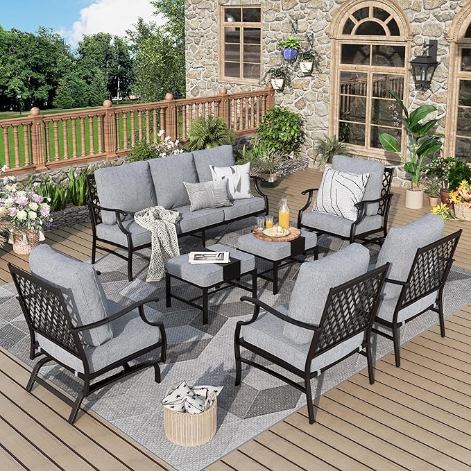 Patio Furniture Set 7 pcs, Outdoor Patio Furniture, 3-Seat Sofa, 2 Single Chairs, 2 Rocking Chairs, 2 Ottomans and 5.75" Extra Thick Cushion, Patio Conversation Set for Backyard Deck,Grey