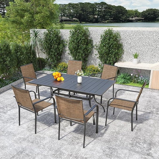 7-Piece Outdoor Patio Dining Set, 6 Stackable Patio Outoor Chairs & Rectangular Dining Table with All Weather Frame Furniture Set - Brown Tan