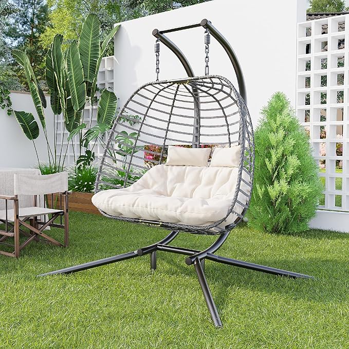 Double Hanging Egg Chair wth Stand, Patio Hammock Swing Chair with Cushion Loveseat for Bedroom, Balcony, Garden, Indoor, Outdoor, Beige