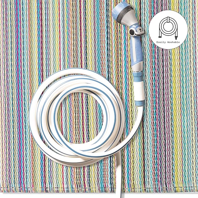 Fab Habitat Outdoor Rug - Waterproof, Fade Resistant, Crease-Free - Premium Recycled Plastic - Striped - Patio, Porch, Deck, Balcony - Cancun - Candy - 5 x 8 ft