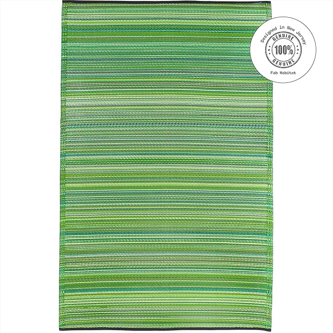 Fab Habitat Outdoor Rug - Waterproof, Fade Resistant, Crease-Free - Premium Recycled Plastic - Striped - Large Patio, Deck, Sunroom, Camping, RV - Cancun - Green - 6 x 9 ft