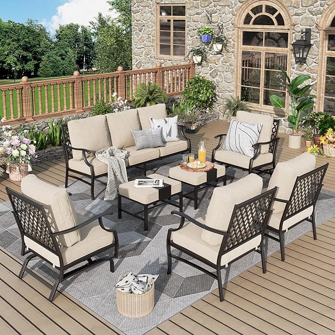 Patio Furniture Set 7 pcs, Outdoor Patio Furniture, 3-Seat Sofa, 2 Single Chairs, 2 Rocking Chairs, 2 Ottomans and 5.75" Extra Thick Cushion, Patio Conversation Set for Backyard Deck,Beige