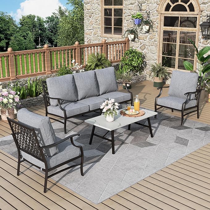 Patio Furniture Set 4 pcs, Metal Outdoor Patio Furniture, 3-Seat Sofa, 2 Single Chairs, Metal Coffee Table and 5.75" Extra Thick Cushion, Patio Conversation Set for Garden Backyard Deck,Grey