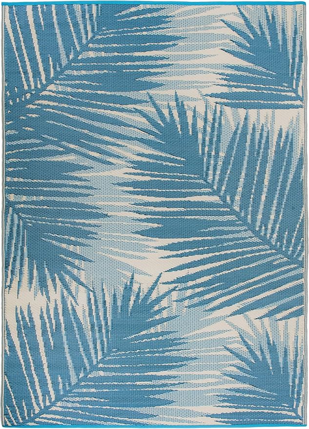 Rugshop Tropical Floral Reversible Crease-Free Waterproof Premium Recycled Plastic Outdoor Rugs for Patio,Backyard,RV,Deck,Picnic,Trailer,Beach,Camping Blue 5' x 7'