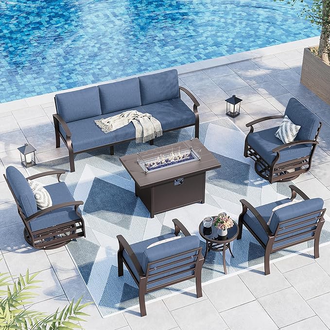 Kurapika Aluminum Patio Furniture Set 7-Seat Modern Metal Outdoor Conversation Sets w/45in Propane Fire Pit Table, Swivel Rocking Chairs Patio Sectional Sofa w/5.1 Inch Cushion, Navy Blue