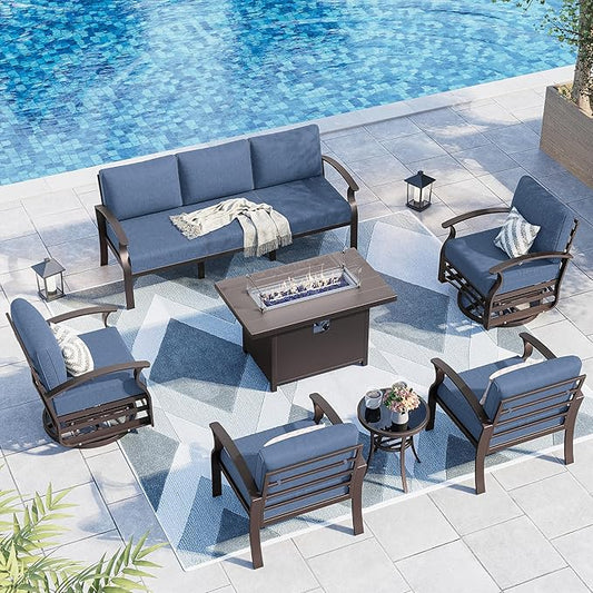 Kurapika Aluminum Patio Furniture Set 7-Seat Modern Metal Outdoor Conversation Sets w/45in Propane Fire Pit Table, Swivel Rocking Chairs Patio Sectional Sofa w/5.1 Inch Cushion, Navy Blue