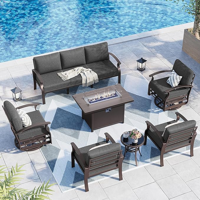 Kurapika Aluminum Patio Furniture Set 7-Seat Modern Metal Outdoor Conversation Sets w/45in Propane Fire Pit Table, Swivel Rocking Chairs Patio Sectional Sofa w/5.1 Inch Cushion, Black