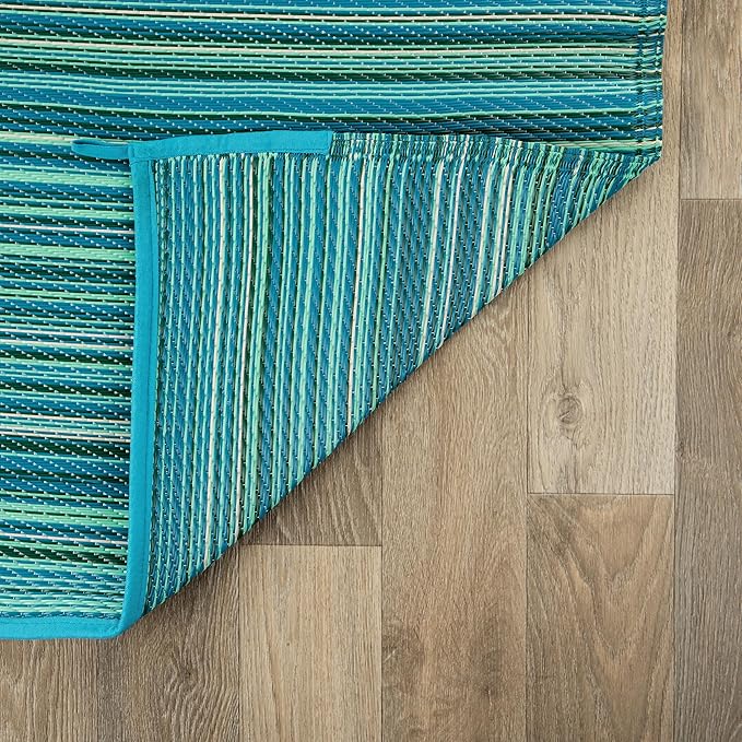 Rugshop Contemporary Stripe Reversible Foldable Waterproof Premium Recycled Plastic Outdoor Rugs for Patio,Backyard,RV,Deck,Picnic,Trailer,Beach,Camping 9' X 12' Blue