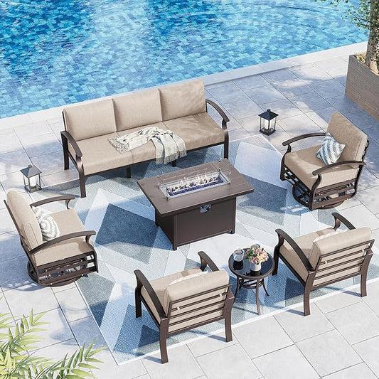 Kurapika Aluminum Patio Furniture Set 7-Seat Modern Metal Outdoor Conversation Sets w/45in Propane Fire Pit Table, Swivel Rocking Chairs Patio Sectional Sofa w/5.1 Inch Cushion, Sand