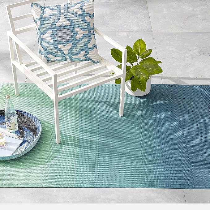 Fab Habitat Outdoor Rug - Waterproof, Fade Resistant, Crease-Free - Premium Recycled Plastic - Ombre - Large Patio, Deck, Sunroom, Camping, RV - Big Sur - Teal - 6 x 9 ft