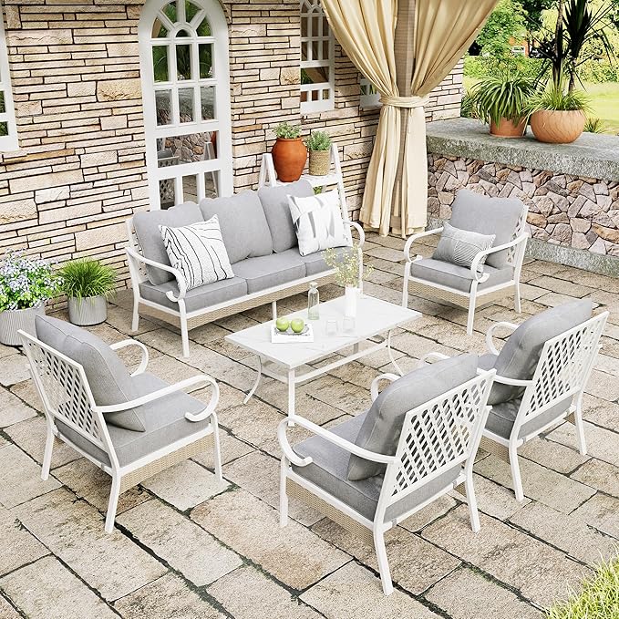 6 Piece Patio Furniture Set, 4 x Fixed Chair, 1 x 3-Seat Sofa with Marbling Coffee Table, 7 Seats Outdoor Conversation Set for Lawn Garden Backyard, Light Gray