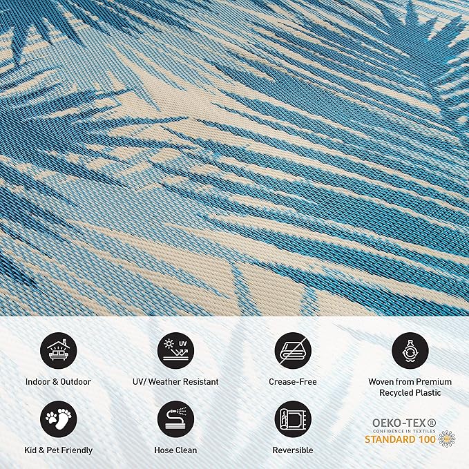 Rugshop Tropical Floral Reversible Crease-Free Waterproof Premium Recycled Plastic Outdoor Rugs for Patio,Backyard,RV,Deck,Picnic,Trailer,Beach,Camping Blue 3' x 5'