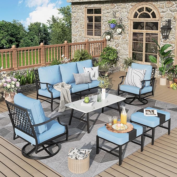 Patio Furniture Set 6 pcs, Outdoor Patio Furniture, 3-Seat Sofa, 2 Swivel Chairs, 2 Ottomans, Coffee Table and 5.75" Extra Thick Cushion, Patio Conversation Set for Garden Backyard Deck,Blue