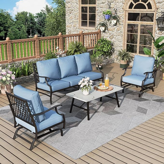 Patio Furniture Set 4 pcs, Outdoor Patio Furniture, 3-Seat Sofa, 2 Rocking Chairs, Metal Coffee Table and 5.75" Extra Thick Cushion, Patio Conversation Set for Garden Backyard Deck,Blue