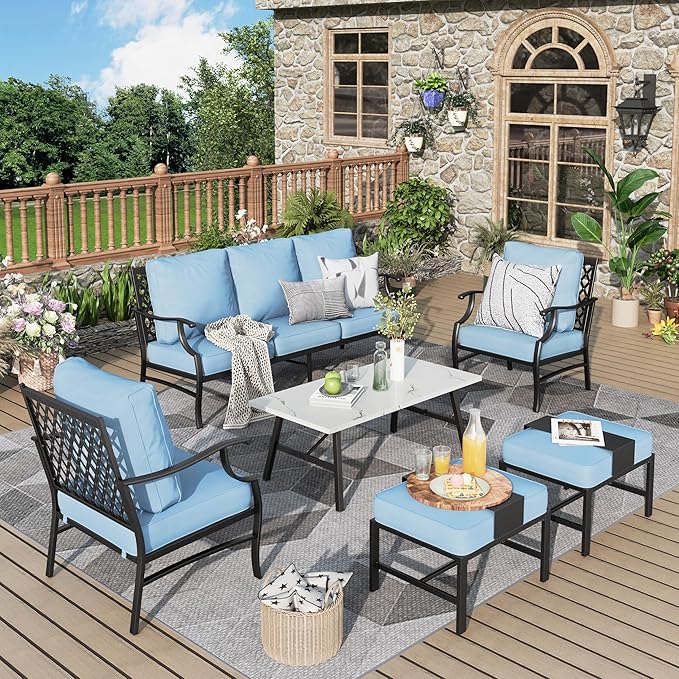 Patio Furniture Set 6 pcs, Outdoor Patio Furniture, 3-Seat Sofa, 2 Single Chairs, 2 Ottomans, Coffee Table and 5.75" Extra Thick Cushion, Patio Conversation Set for Garden Backyard Deck,Blue
