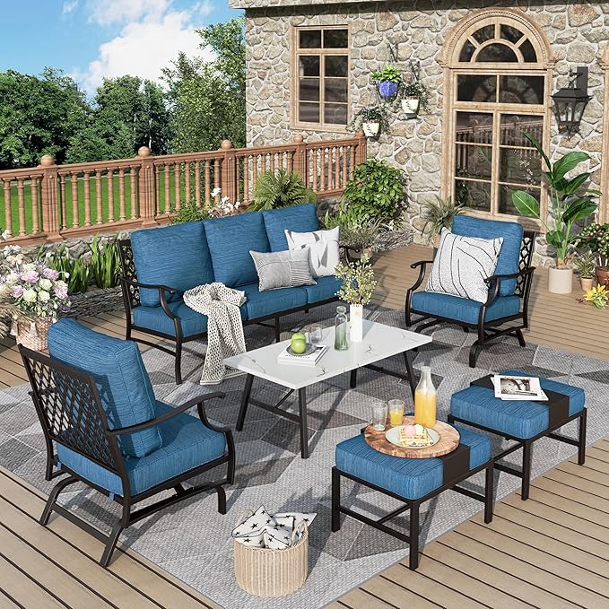 Patio Furniture Set 6 pcs, Outdoor Patio Furniture, 3-Seat Sofa, 2 Rocking Chairs, 2 Ottomans, Coffee Table and 5.75" Extra Thick Cushion, Conversation Set for Backyard Deck, Gemstone Blue