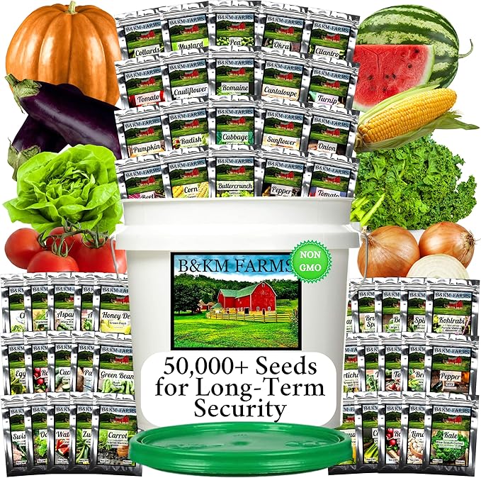 Survival Seed Vault: 50 Varieties, 50,000+ Non-GMO Heirloom Seeds - 5+ Year Supply in Secure Bucket + Growing Guide by B&KM Farms (1)